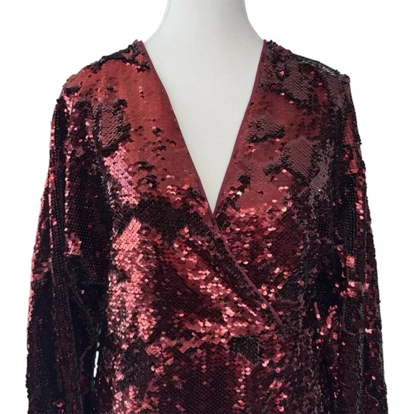 NWT TED BAKER $495 Emmalee Burgundy Sequin Midi Dress Plunge Neck Glam Party